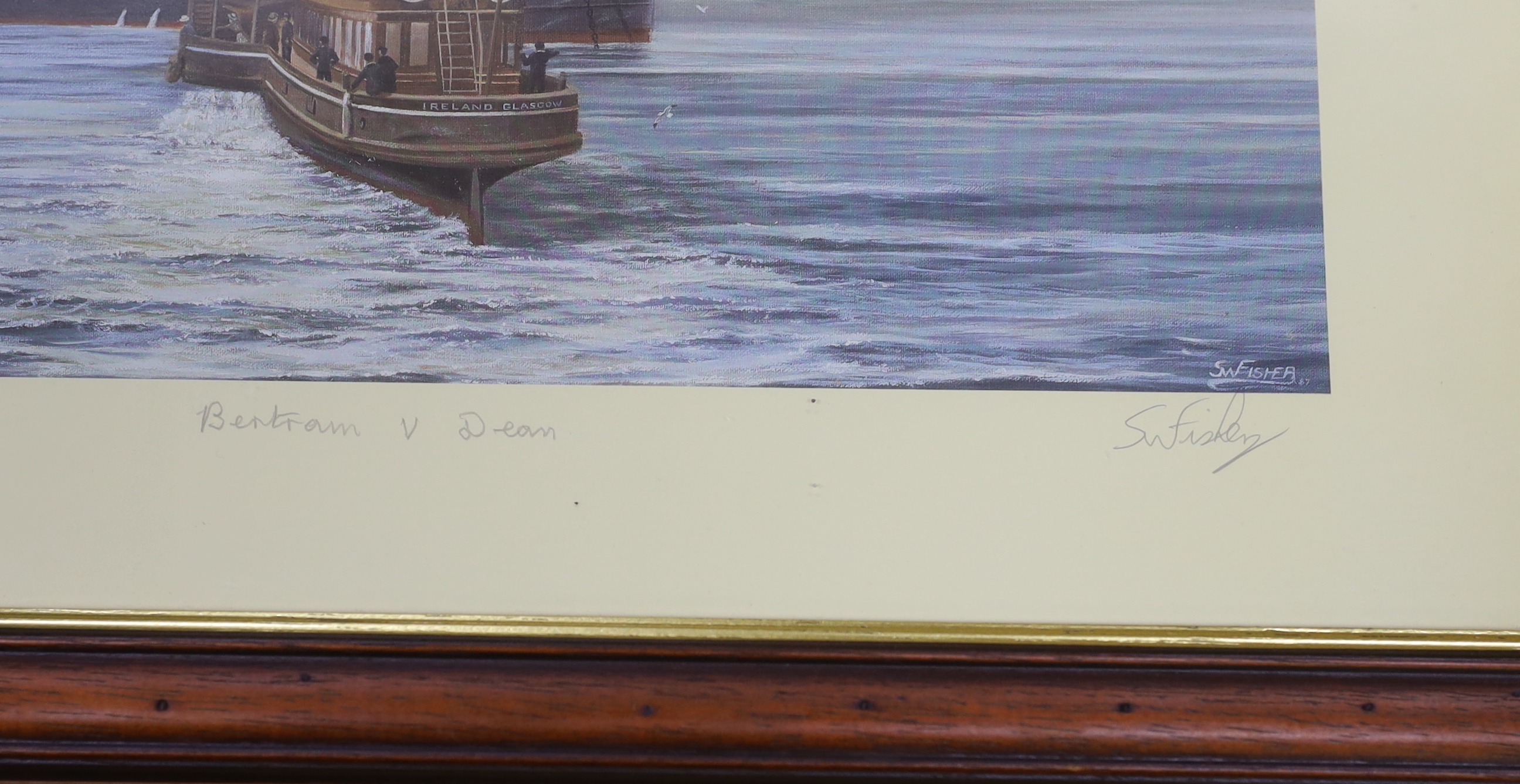 Simon Fisher, colour print, 'The Titanic at Queenstown', signed in pencil by the artist and two survivors, limited edition 465/500, 43 x 77cm